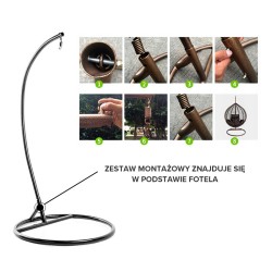 FOTEL OGRODOWY WISZĄCY KOKON DUŻY KOSZ KORFU BRĄZOWY Z PODSTAWĄ PODUSZKA BRĄZOWE KWIATY