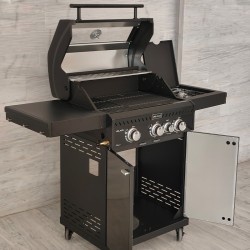 GRILL OGRODOWY GAZOWY Z POKRYWĄ I PÓŁKAMI ZEUS-B CZARNY RUSZT ŻELIWNY 11,5KW