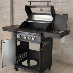 GRILL OGRODOWY GAZOWY Z POKRYWĄ I PÓŁKAMI ZEUS-B CZARNY RUSZT ŻELIWNY 11,5KW