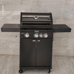 GRILL OGRODOWY GAZOWY Z POKRYWĄ I PÓŁKAMI ZEUS-B CZARNY RUSZT ŻELIWNY 11,5KW