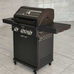 GRILL OGRODOWY GAZOWY Z POKRYWĄ I PÓŁKAMI ZEUS-B CZARNY RUSZT ŻELIWNY 11,5KW