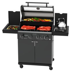 GRILL OGRODOWY GAZOWY Z POKRYWĄ I PÓŁKAMI ZEUS-C CZARNY RUSZT ŻELIWNY 14,5 KW