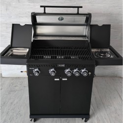 GRILL OGRODOWY GAZOWY Z POKRYWĄ I PÓŁKAMI ZEUS-C CZARNY RUSZT ŻELIWNY 14,5 KW