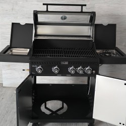 GRILL OGRODOWY GAZOWY Z POKRYWĄ I PÓŁKAMI ZEUS-C CZARNY RUSZT ŻELIWNY 14,5 KW