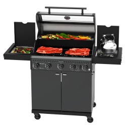 GRILL OGRODOWY GAZOWY Z POKRYWĄ I PÓŁKAMI ZEUS-D CZARNY RUSZT ŻELIWNY 17,5 KW