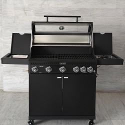 GRILL OGRODOWY GAZOWY Z POKRYWĄ I PÓŁKAMI ZEUS-D CZARNY RUSZT ŻELIWNY 17,5 KW