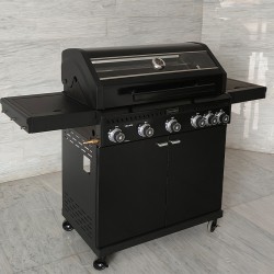 GRILL OGRODOWY GAZOWY Z POKRYWĄ I PÓŁKAMI ZEUS-D CZARNY RUSZT ŻELIWNY 17,5 KW