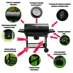 GRILL OGRODOWY WĘGLOWY Z POKRYWĄ I PÓŁKAMI VL09 CZARNY