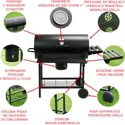GRILL OGRODOWY WĘGLOWY Z POKRYWĄ I PÓŁKAMI VL09-A1 CZARNY