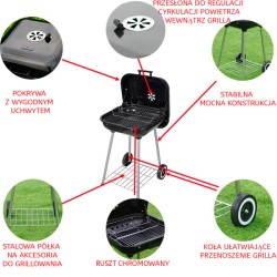 GRILL OGRODOWY WĘGLOWY Z POKRYWĄ VL05 CZARNY