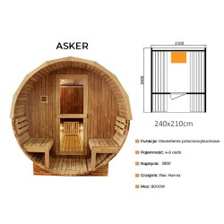 SAUNA OGRODOWA FIŃSKA BECZKA Z PIECEM ASKER 4-6 OSOBOWA 210x240 CM
