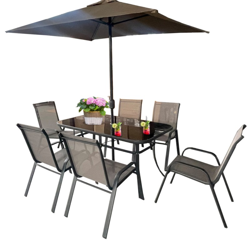 ZESTAW MEBLI OGRODOWYCH OBIADOWE PARASOL ALBENA 6 OSOBOWE BRĄZOWE ZESTAW MEBLI OGRODOWYCH OBIADOWE PARASOL ALBENA 6 OSOBOWE BRĄZOWE