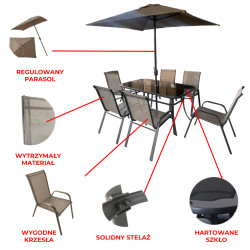 ZESTAW MEBLI OGRODOWYCH OBIADOWE PARASOL ALBENA 6 OSOBOWE BRĄZOWE