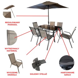 ZESTAW MEBLI OGRODOWYCH OBIADOWE PARASOL ALBENA 6 OSOBOWE BRĄZOWE