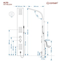 Panel prysznicowy Corsan ALTO Mieszacz Srebrny Deszczownica LED Wylewka