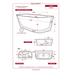 Wanna przyścienna wolnostojąca Corsan MONO 170 x 80 cm z szeroką krawędzią Korek klik-klak Chrom