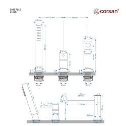 Bateria wannowa 3 otworowa Corsan CMB7542GL Lugo złota z wylewką i słuchawką prysznicową