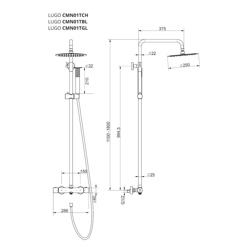 Zestaw natryskowy z termostatem Kolumna Corsan LUGO Deszczownica 25cm Złota