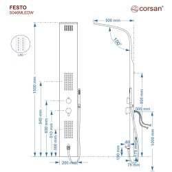 Panel prysznicowy Corsan FESTO Mieszacz Czarna stal Deszczownica LED Wylewka
