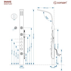 Panel prysznicowy Corsan SNAKE Termostat Stal GunMetal Deszczownica LED