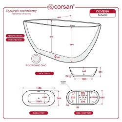 Wanna wolnostojąca Corsan OLVENA 150 cm Korek klik-klak Szczotkowane Złoto