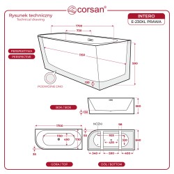 Wanna wolnostojąca narożna Corsan INTERO 170 x 73 Montaż prawostronny Korek klik-klak Szczotkowane Złoto