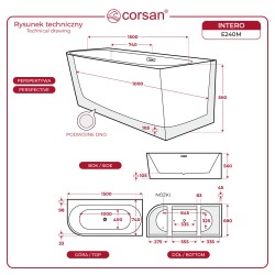 Wanna wolnostojąca narożna Corsan INTERO 150 x 74 z szeroką krawędzią Montaż lewostronny Korek klik-klak Miedziany / Róż