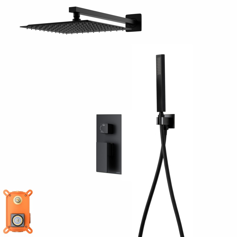 Zestaw prysznicowy Corsan Ango czarny z deszczownicą 25 cm, baterią podtynkową i prysznicem Zestaw prysznicowy Corsan Ango czarny z deszczownicą 25 cm, baterią podtynkową i prysznicem
