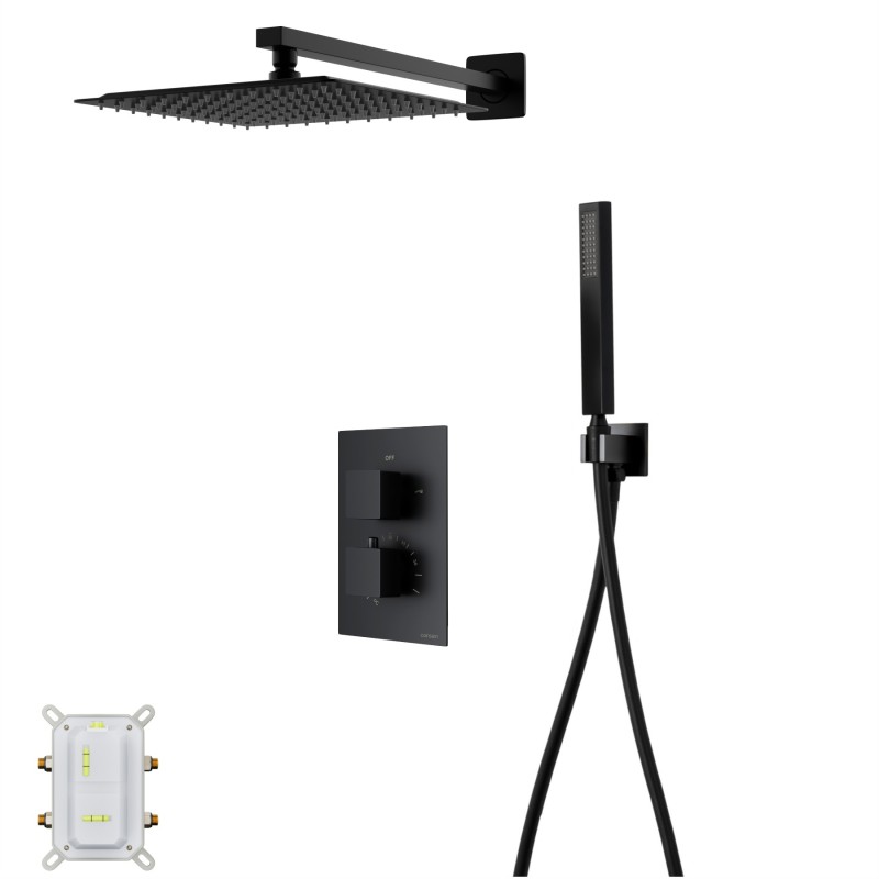 Zestaw prysznicowy Corsan Ango czarny z deszczownicą 25 cm, baterią termostatyczną i prysznicem Zestaw prysznicowy Corsan Ango czarny z deszczownicą 25 cm, baterią termostatyczną i prysznicem
