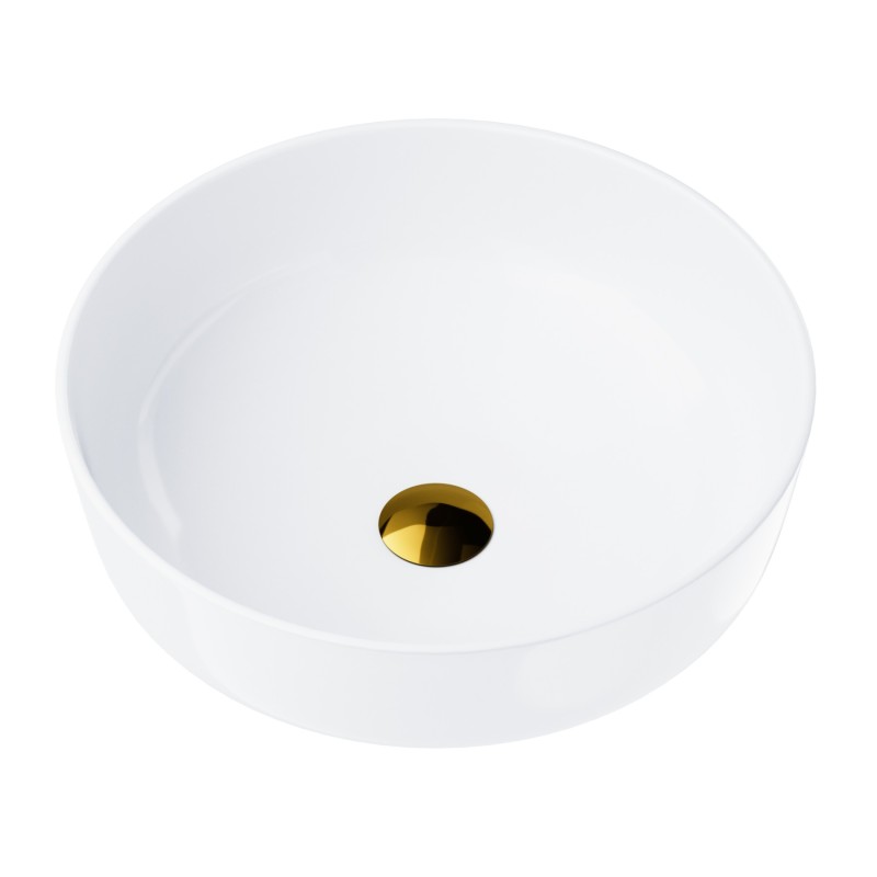Umywalka nablatowa Corsan okrągła 415x415x135 mm z korkiem Klik-Klak złotym Umywalka nablatowa Corsan okrągła 415x415x135 mm z korkiem Klik-Klak złotym