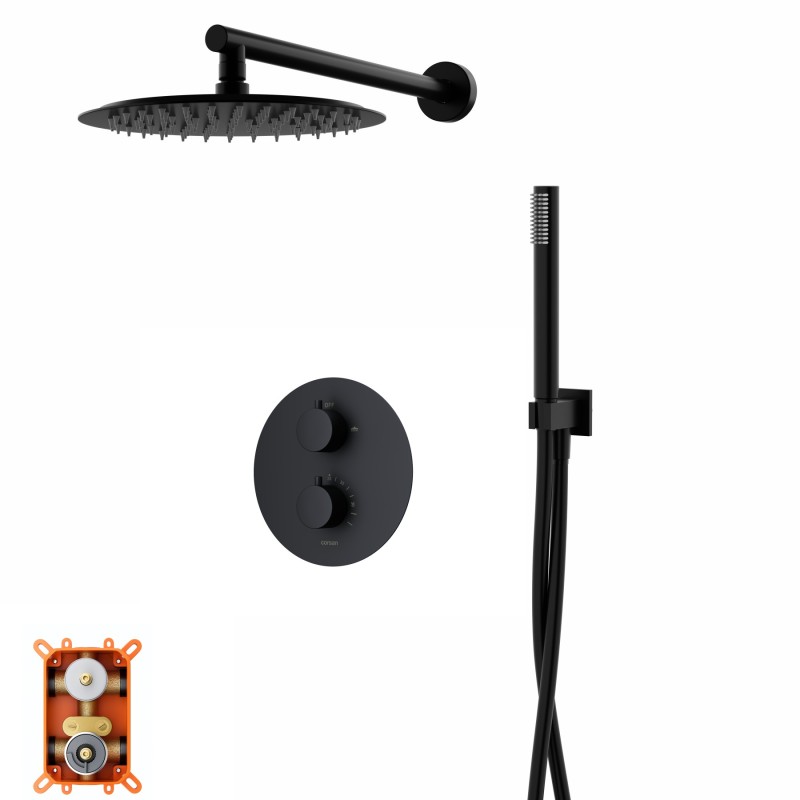 Zestaw prysznicowy Corsan Lugo czarny z deszczownicą 25 cm, baterią termostatyczną i prysznicem Zestaw prysznicowy Corsan Lugo czarny z deszczownicą 25 cm, baterią termostatyczną i prysznicem