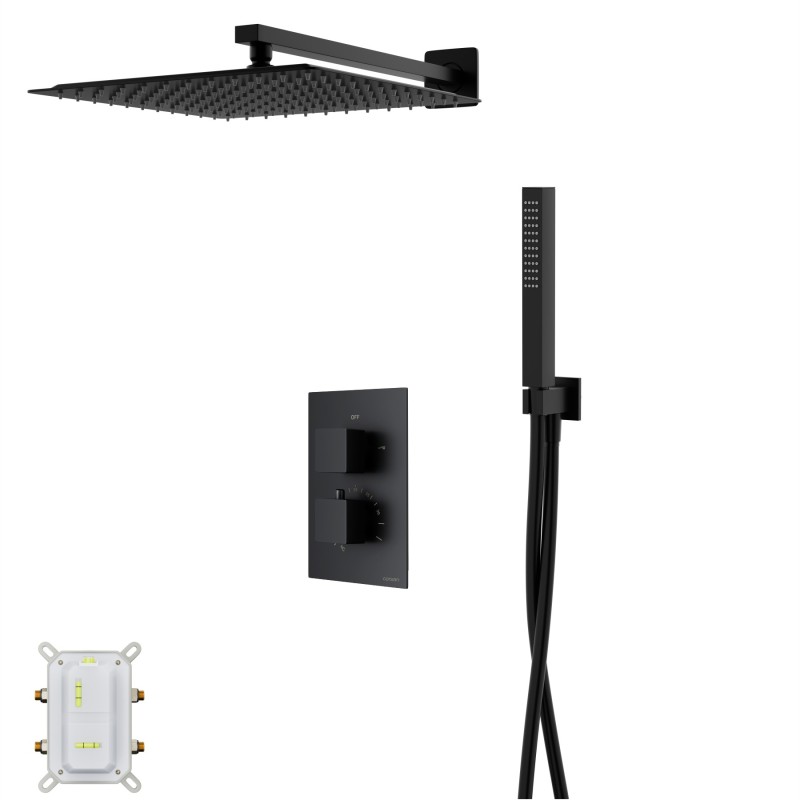 Zestaw prysznicowy Corsan Ango czarny z deszczownicą 30 cm, baterią termostatyczną i słuchawką Zestaw prysznicowy Corsan Ango czarny z deszczownicą 30 cm, baterią termostatyczną i słuchawką
