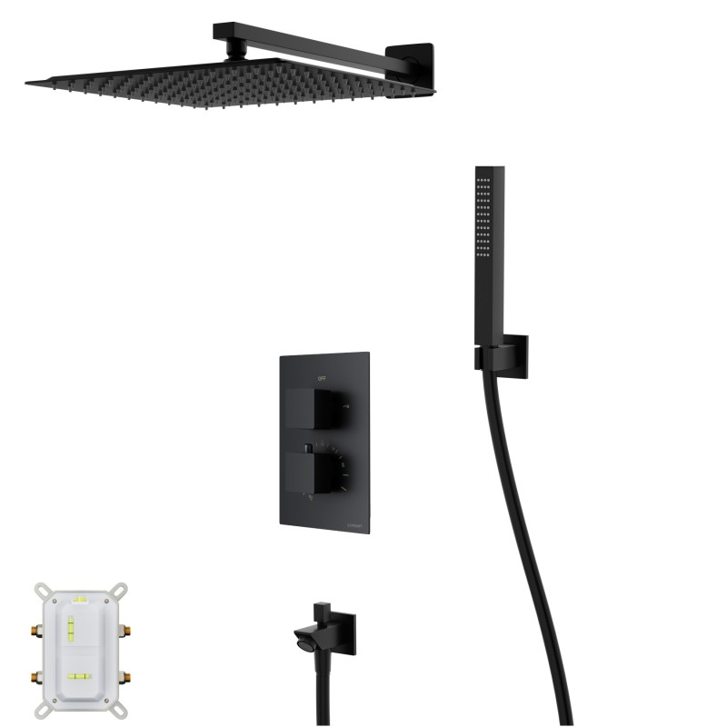 Zestaw prysznicowy Corsan Ango czarny z deszczownicą 30 cm, baterią termostatyczną, słuchawką i wylewką Zestaw prysznicowy Corsan Ango czarny z deszczownicą 30 cm, baterią termostatyczną, słuchawką i wylewką