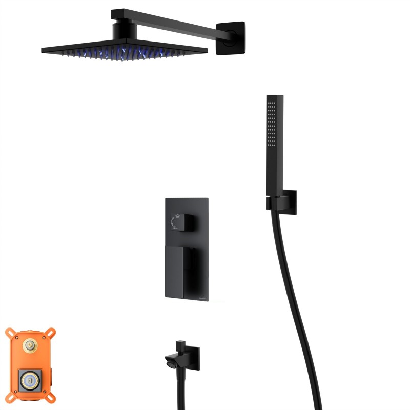 Zestaw prysznicowy Corsan Ango czarny z deszczownicą LED, baterią, słuchawką i wylewką Zestaw prysznicowy Corsan Ango czarny z deszczownicą LED, baterią, słuchawką i wylewką