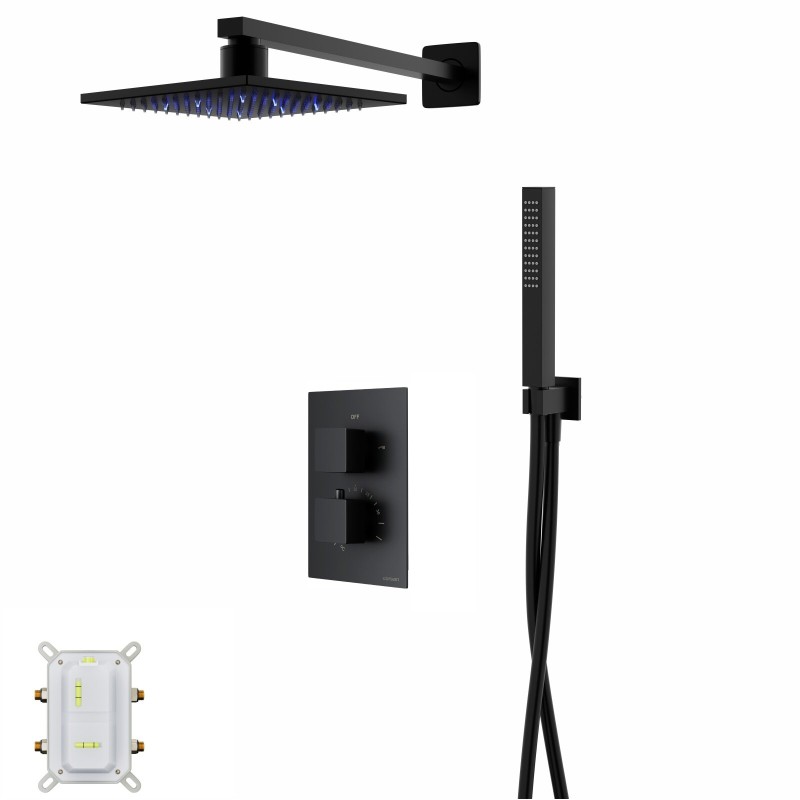 Zestaw prysznicowy Corsan Ango czarny z deszczownicą LED, baterią termostatyczną i słuchawką Zestaw prysznicowy Corsan Ango czarny z deszczownicą LED, baterią termostatyczną i słuchawką