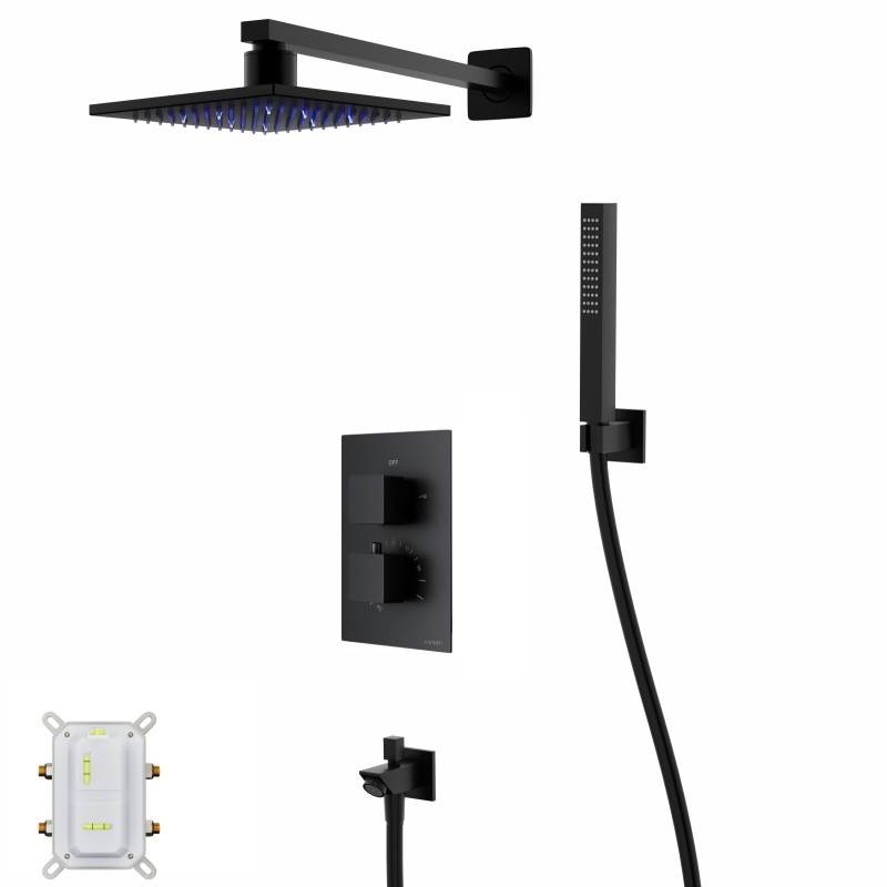 Zestaw prysznicowy Corsan Ango czarny z deszczownicą LED, baterią termostatyczną, słuchawką i wylewką Zestaw prysznicowy Corsan Ango czarny z deszczownicą LED, baterią termostatyczną, słuchawką i wylewką