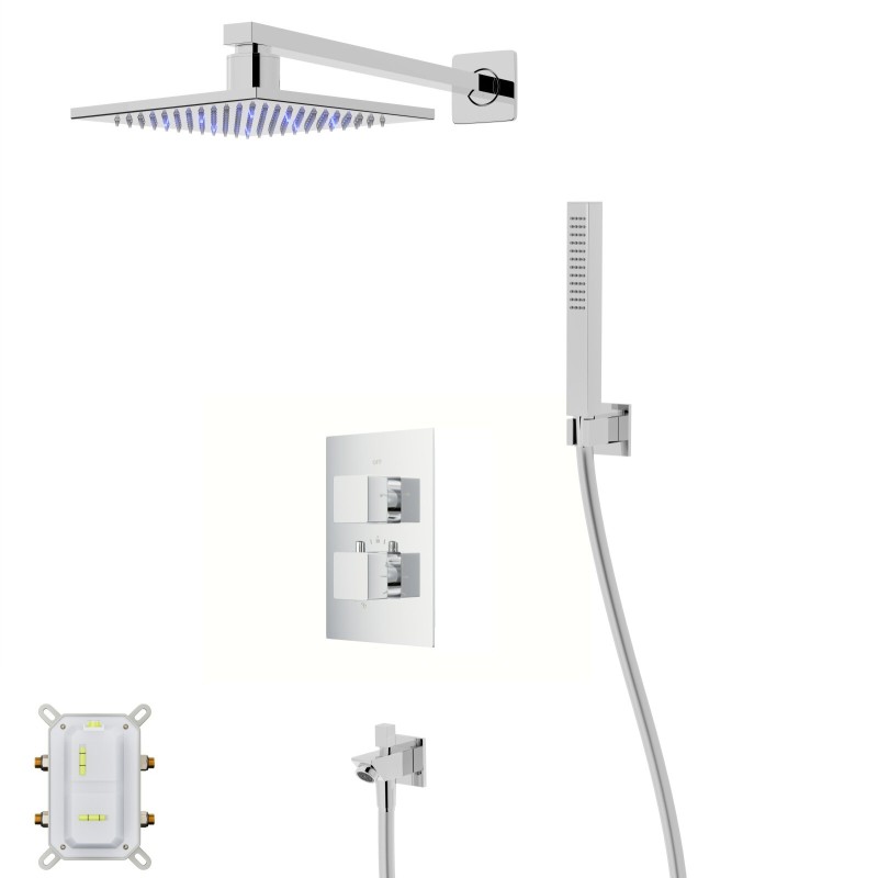 Zestaw prysznicowy Corsan Ango chrom z deszczownicą LED, baterią termostatyczną, słuchawką i wylewką Zestaw prysznicowy Corsan Ango chrom z deszczownicą LED, baterią termostatyczną, słuchawką i wylewką