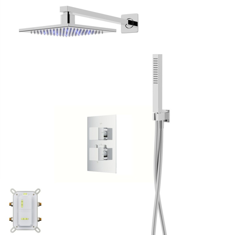 Zestaw prysznicowy Corsan Ango chrom z deszczownicą LED, baterią termostatyczną i słuchawką Zestaw prysznicowy Corsan Ango chrom z deszczownicą LED, baterią termostatyczną i słuchawką