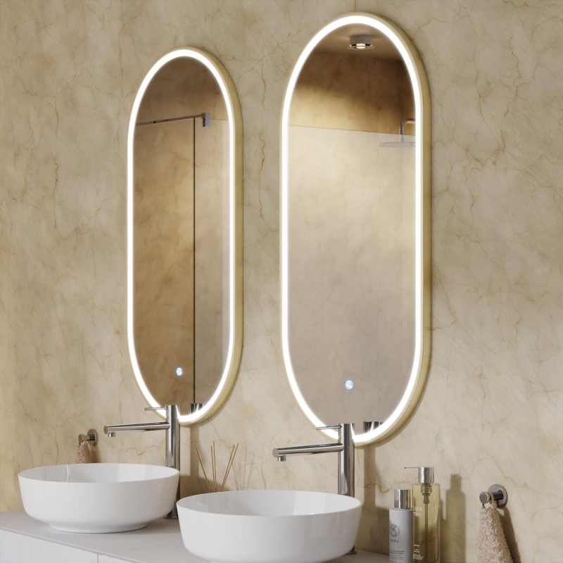 OVO Lustro ze zmienną barwą LED 500x1000 mm, włącznik dotykowy i mata grzewcza, w ramie Złoto Szczotkowane OVO Lustro ze zmienną barwą LED 500x1000 mm, włącznik dotykowy i mata grzewcza, w ramie Złoto Szczotkowane