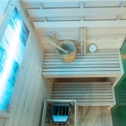 SAUNA FIŃSKA WYSOKOTEMPERATUROWA Z PIECEM LARK1-WD /HARVIA 3,5KW 1-2 OSOBOWA 120x120 CM