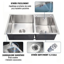ZLEW KUCHENNY ZLEWOZMYWAK DWUKOMOROWY STALOWY INOX VISTA-CH-75X45 DOZOWNIK SYFON UCHWYTY