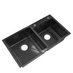 ZLEW KUCHENNY ZLEWOZMYWAK DWUKOMOROWY STALOWY CZARNY VISTA-BL-78X43 DOZOWNIK SYFON UCHWYTY