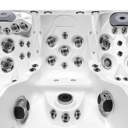 JACUZZI OGRODOWE WANNA SPA747 BIAŁA PERŁA OBUDOWA SZARA DESKA F27 210x210 CM