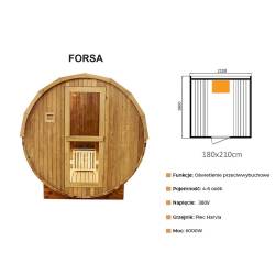 SAUNA OGRODOWA FIŃSKA BECZKA Z PIECEM FORSA 4-6 OSOBOWA 210x180 CM FORSA