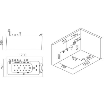 Wanna z hydromasażem SPA Olimpia 935CL 170x75 Lewa