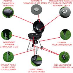 GRILL OGRODOWY WĘGLOWY Z POKRYWĄ OKRĄGŁY VL04 CZARNY VL04-BLACK