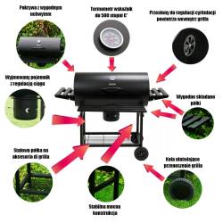 GRILL OGRODOWY WĘGLOWY Z POKRYWĄ I PÓŁKAMI VL09 CZARNY VL09-BLACK
