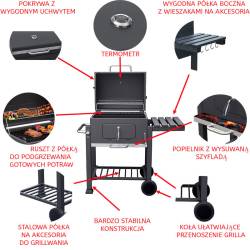 GRILL OGRODOWY WĘGLOWY Z POKRYWĄ I PÓŁKAMI VL01 GRAFITOWY VL01-GRAFIT