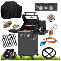 GRILL OGRODOWY GAZOWY Z POKRYWĄ I PÓŁKAMI ZEUS-A CZARNY RUSZT ŻELIWNY ZEUS-A