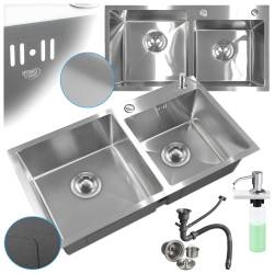 ZLEW KUCHENNY ZLEWOZMYWAK DWUKOMOROWY STALOWY INOX VISTA-CH-75X45 DOZOWNIK SYFON UCHWYTY